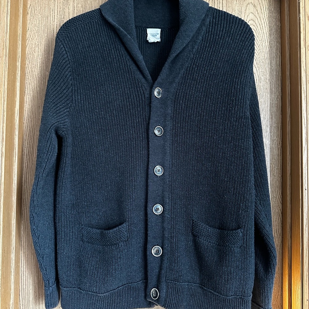 Lands' End Black Ribbed Cardigan Sweater